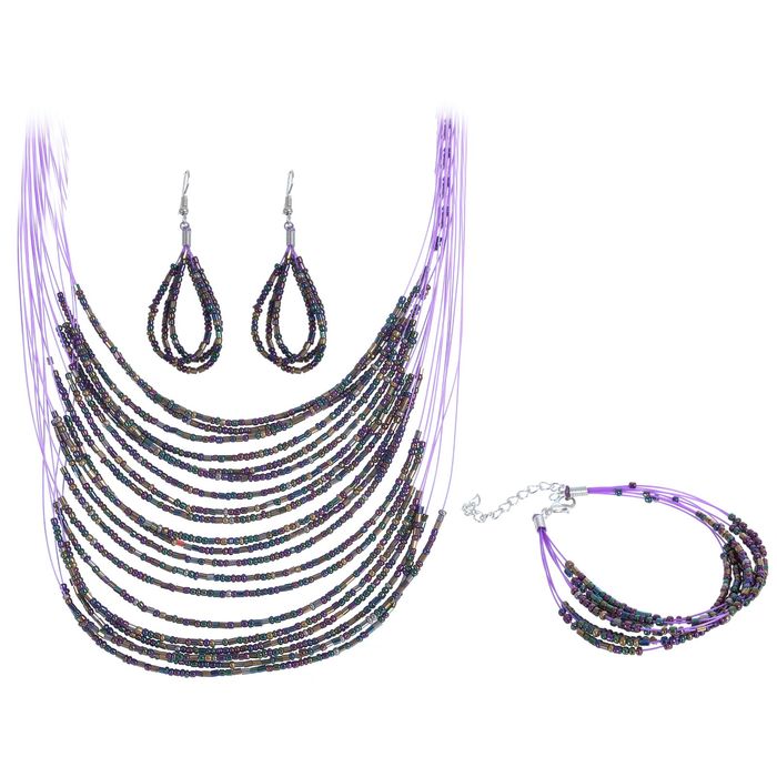 Набор 3 предмета: серьги, бусы, браслет "Каскад", цветной