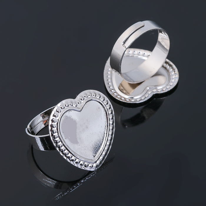 Основа для кольца с сеттингом "Сердце", (набор 5шт) регул-й раз-р, площадка 20*19мм, цвет серебро 15