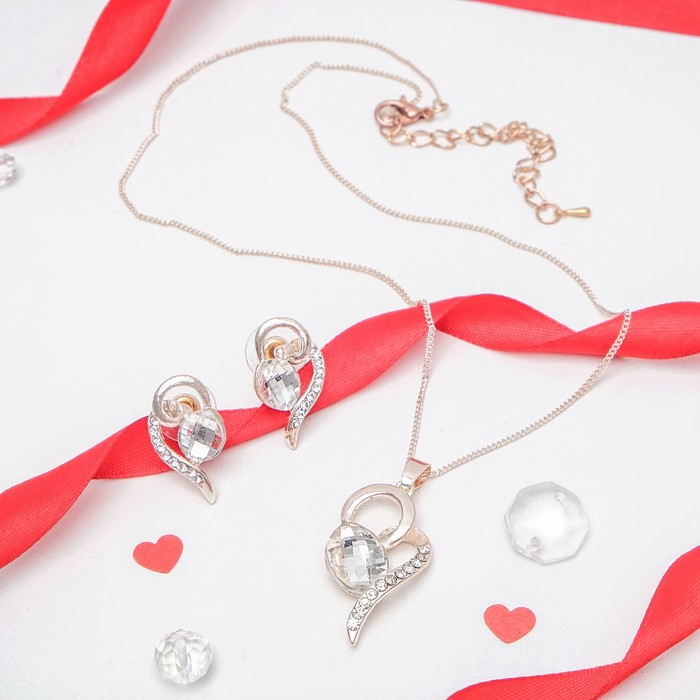 Гарнитур 2 предмета: серьги, кулон "Сердце" с овалом, цвет белый в золоте, 45см