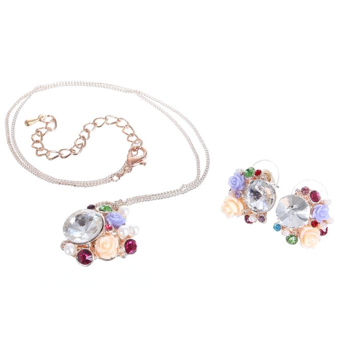 Гарнитур 2 предмета: серьги, кулон "Цветочная поляна", цветной в золоте, 45см