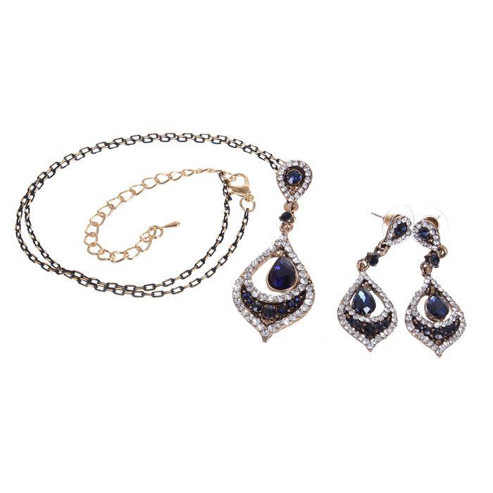 Гарнитур 2 предмета: серьги, кулон "Капля" двойная, цвет бело-синий в чернёном золоте, 45см