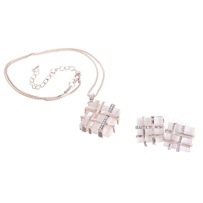 Гарнитур 2 предмета: серьги, кулон "Ромбы" плетение, персиково-белый в серебре, 45см