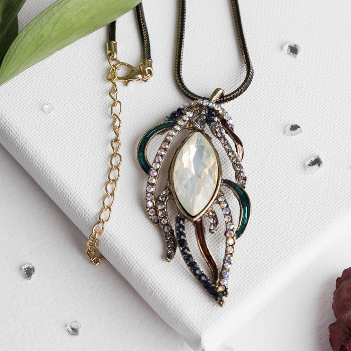 Кулон "Перо", цвет серо-радужный в чернёном золоте, 80см