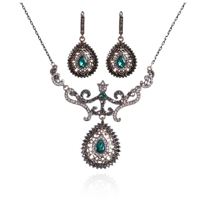 Набор 2 предмета: серьги, колье "Великолепный век", капля, цвет зелёно-белый в чернёном золоте