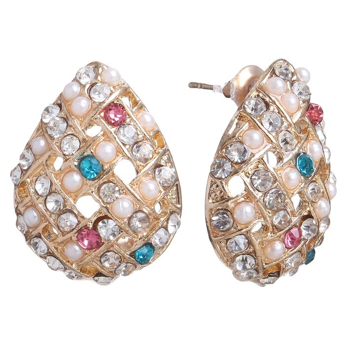 Серьги с жемчугом "Капля" плетенка, цветные в золоте