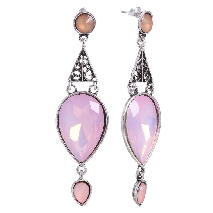 Серьги висячие со стразами "Капля" двойная, цвет сиренево-розовый в черненом серебре
