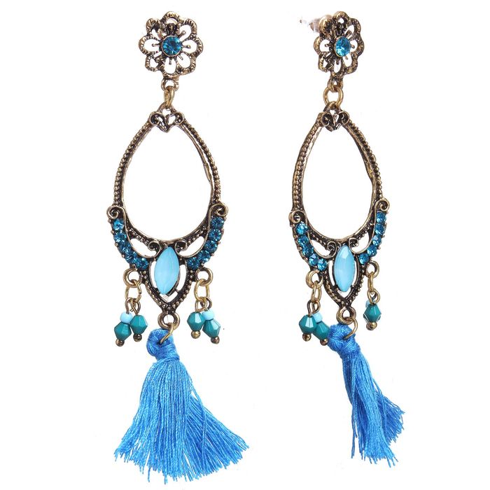 Серьги этника "Восточная мудрость" с кистью, цвет голубо-зеленый в черненом золоте