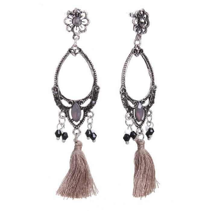 Серьги этника "Восточная мудрость" с кистью, цвет серо-белый в черненом серебре
