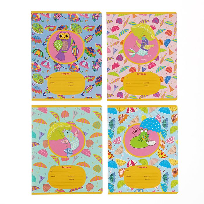 Тетрадь 12 листов узкая линейка "Зонтики", картонная обложка, МИКС