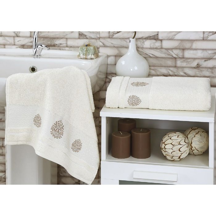 Комплект полотенец KARNA DEVON, размер 50x90-1 шт., 70х140-1 шт., махра 380 г/м2, цвет кремовый 17