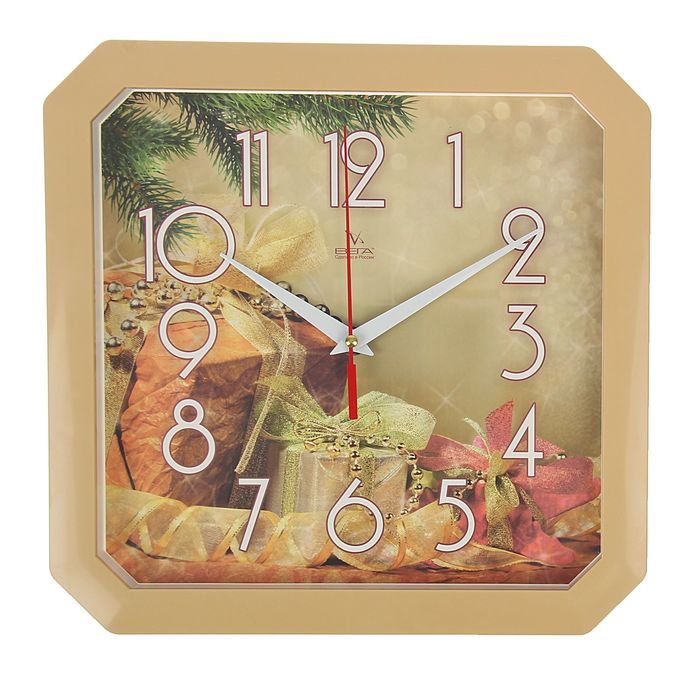 Часы настенные квадратные "Новогодние подарки", золотистый обод, 28х28 см