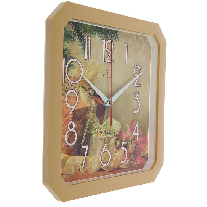 Часы настенные квадратные "Новогодние подарки", золотистый обод, 28х28 см