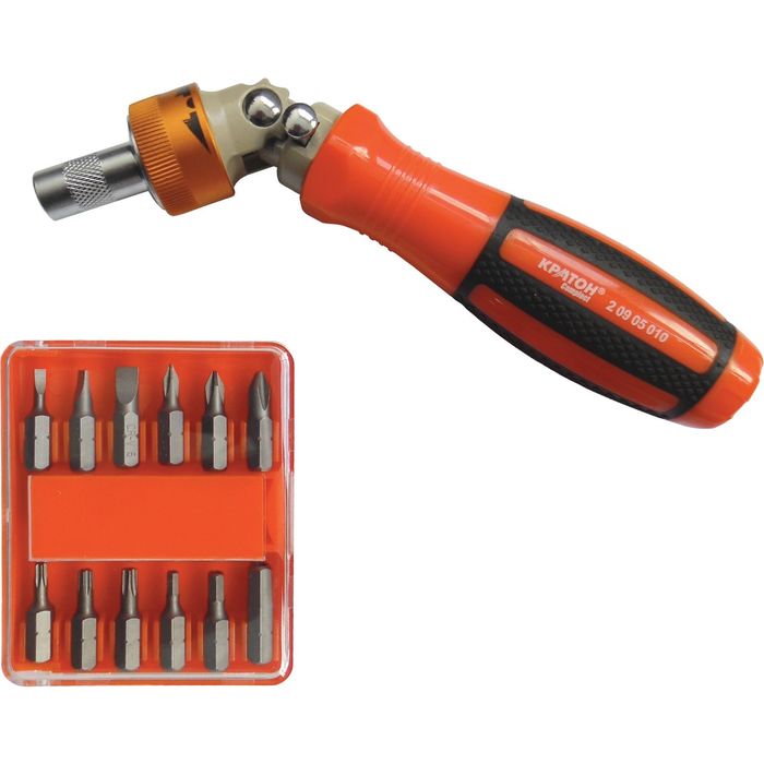 Отвертка-держатель бит "Кратон", реверсивно-рычажная, комплект 12 в 1