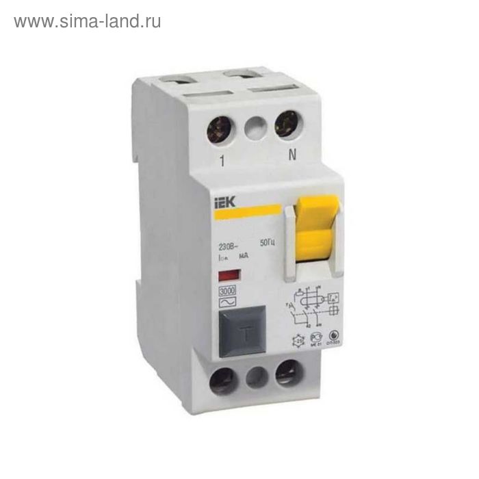 

УЗО IEK, двухполюсный, 25 A, 300 mA, тип AC, ВД1-63, MDV10-2-025-300