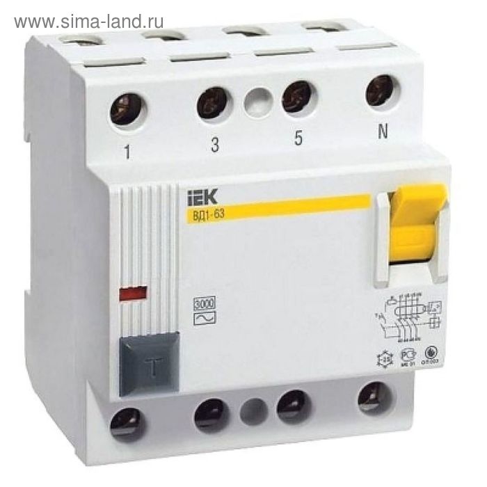 

УЗО IEK, четырехполюсный, 100 A, 30 mA, тип AC, ВД1-63, MDV10-4-100-030