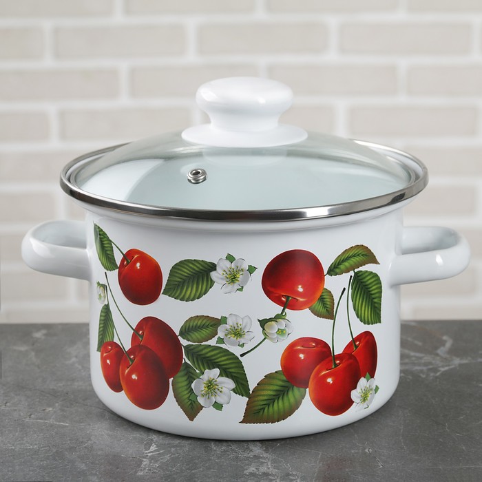 Кастрюля 2 л "Черешня", нержавеющий ободок, стеклянная крышка