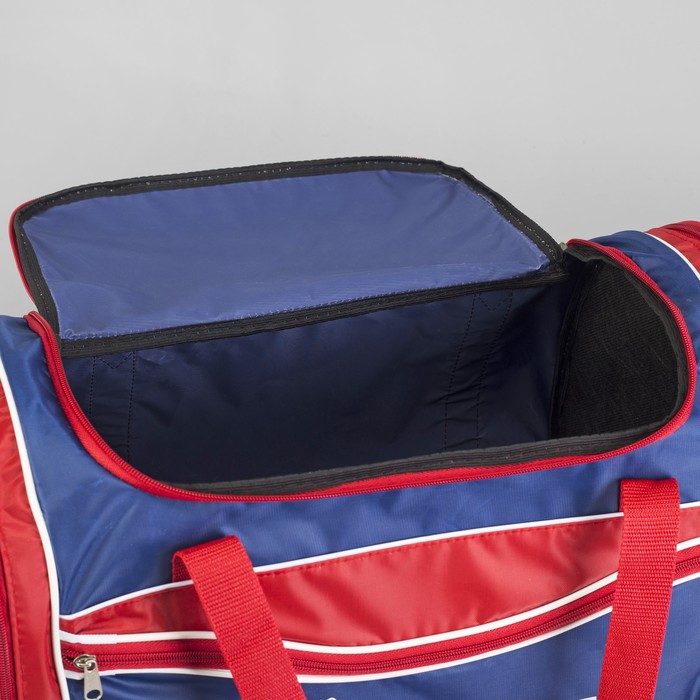 Сумка спортивная на молнии, 1 отдел, 3 наружных кармана, длинный ремень, цвет красный/синий