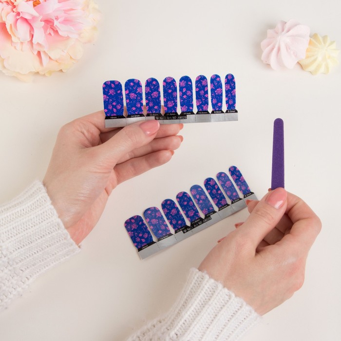 Наклейки для ногтей "Цветы", с пилкой, с блёстками, цвет розово-фиолетовый