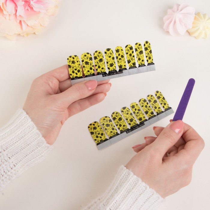 Наклейки для ногтей "Цветы", с пилкой, с блёстками, цвет чёрно-жёлтый