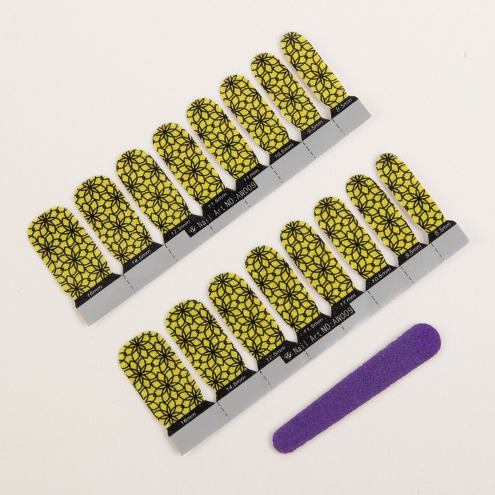 Наклейки для ногтей "Цветы", с пилкой, с блёстками, цвет чёрно-жёлтый