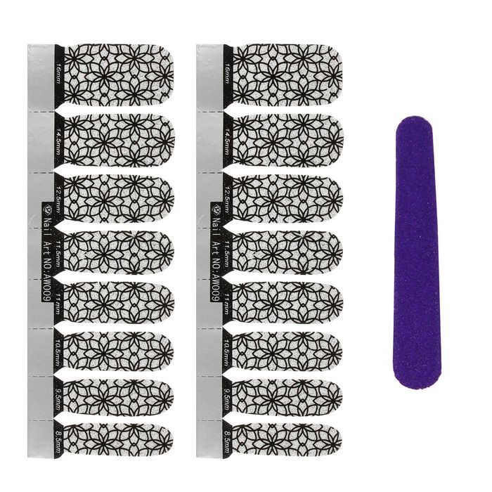 Наклейки для ногтей "Цветы", с пилкой, с блёстками, цвет чёрно-серебристый