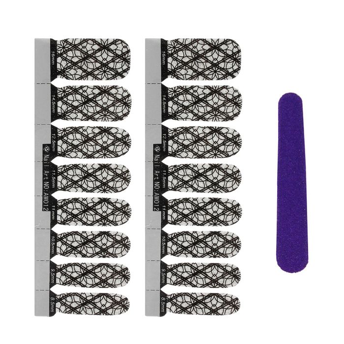 Наклейки для ногтей "Цветы в ромбе", с пилкой, с блёстками, цвет чёрно-белый