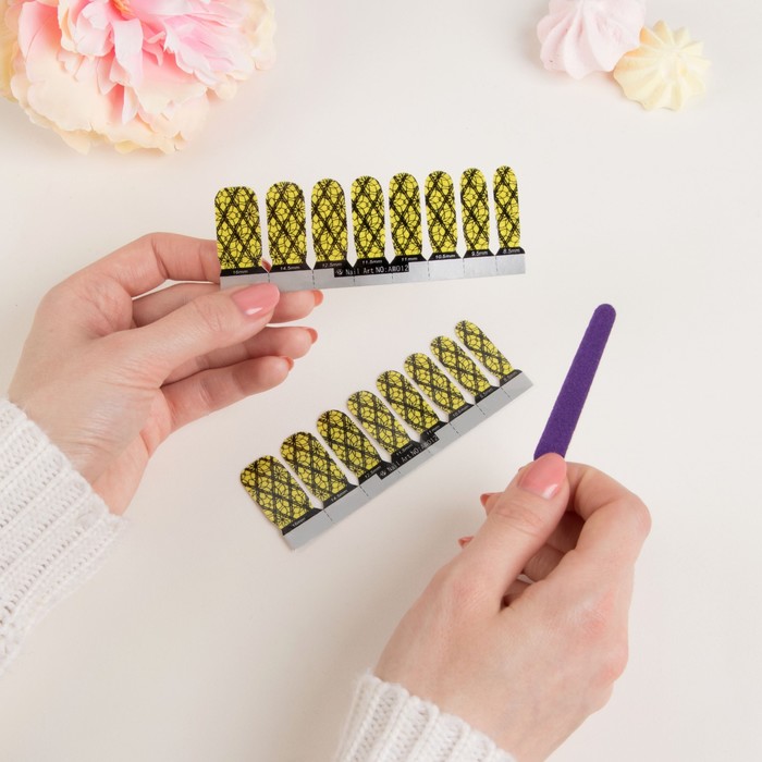 Наклейки для ногтей "Цветы в ромбе", с пилкой, с блёстками, цвет чёрно-жёлтый