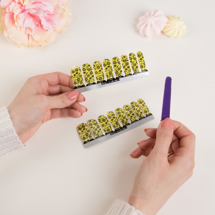 Наклейки для ногтей "Цветы", с пилкой, с блёстками, цвет чёрно-жёлтый