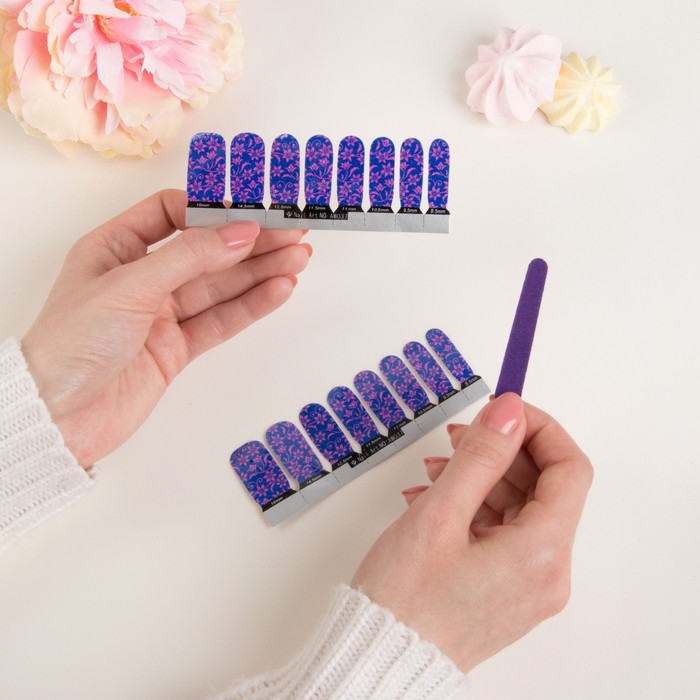 Наклейки для ногтей "Цветы", с пилкой, с блёстками, цвет розово-фиолетовый