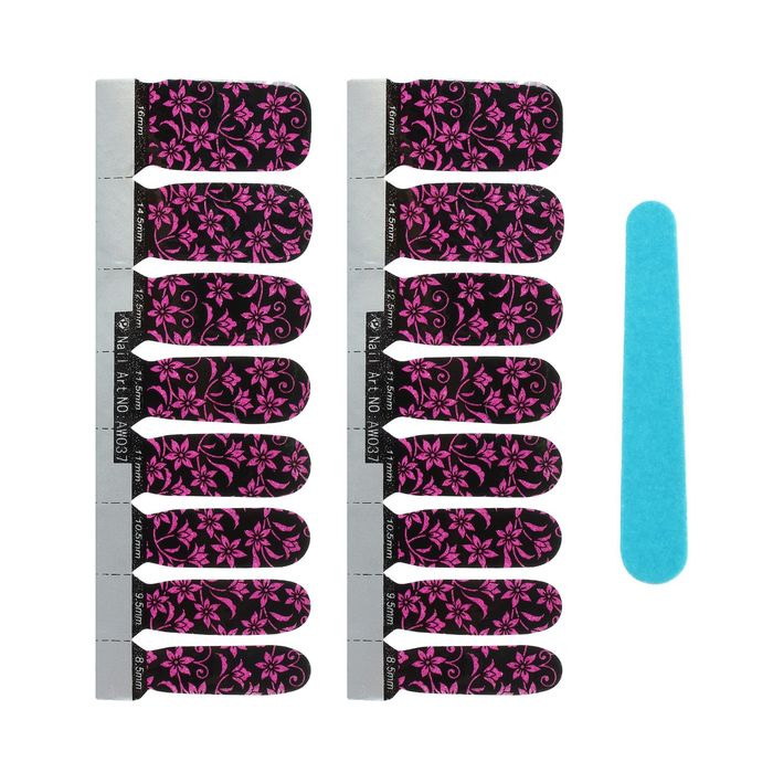 Наклейки для ногтей "Цветы", с пилкой, с блёстками, цвет чёрно-розовый