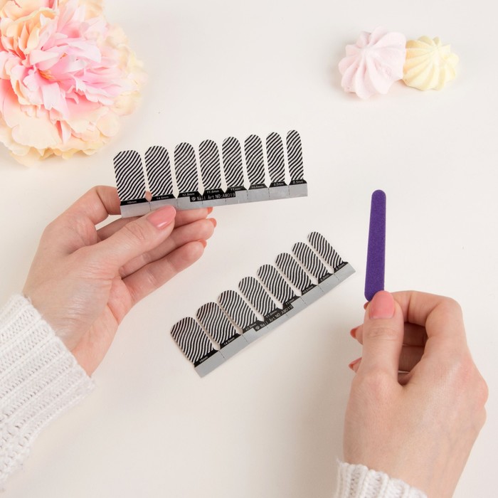 Наклейки для ногтей "Волна", с пилкой, с блёстками, цвет чёрно-серебристый