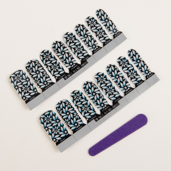 Наклейки для ногтей "Цветы", с пилкой, с блёстками, цвет чёрно-голубой