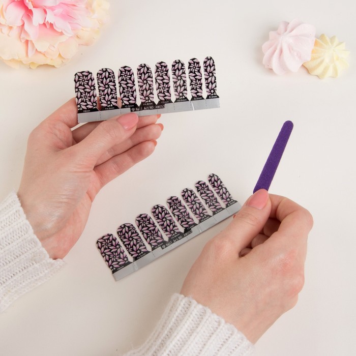 Наклейки для ногтей "Цветы", с пилкой, с блёстками, цвет чёрно-розовый