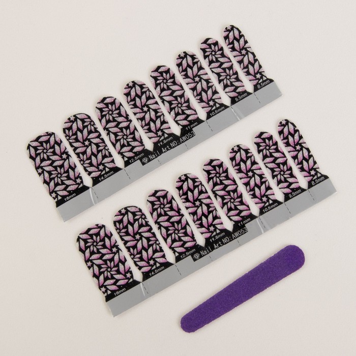 Наклейки для ногтей "Цветы", с пилкой, с блёстками, цвет чёрно-розовый