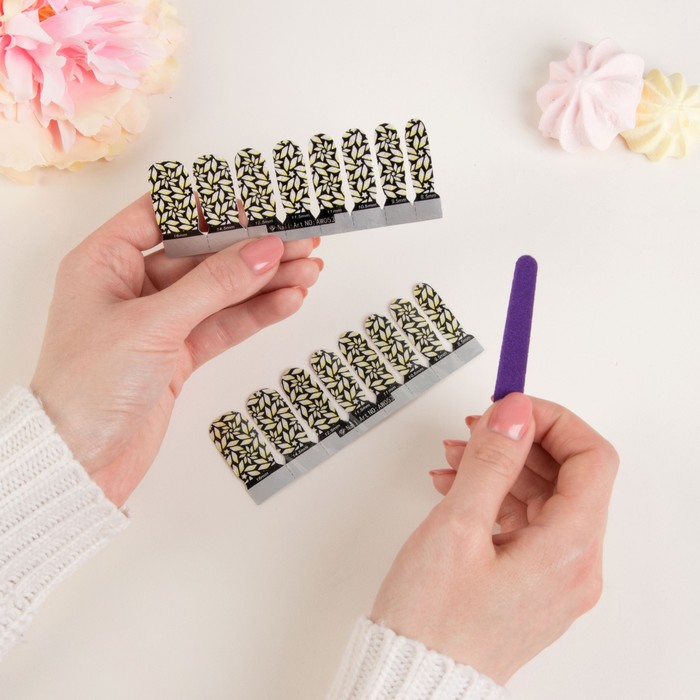 Наклейки для ногтей "Цветы", с пилкой, с блёстками, цвет чёрно-жёлтый