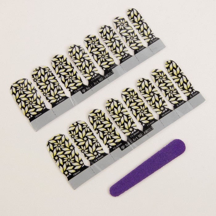 Наклейки для ногтей "Цветы", с пилкой, с блёстками, цвет чёрно-жёлтый