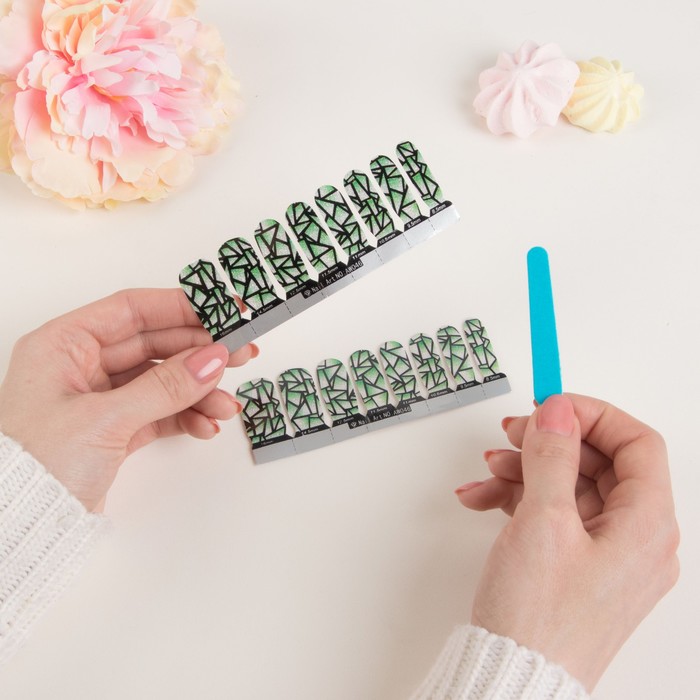 Наклейки для ногтей "Треугольники", с пилкой, с блёстками, цвет зелёный