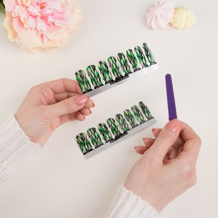 Наклейки для ногтей "Листики", с пилкой, с блёстками, цвет зелёный