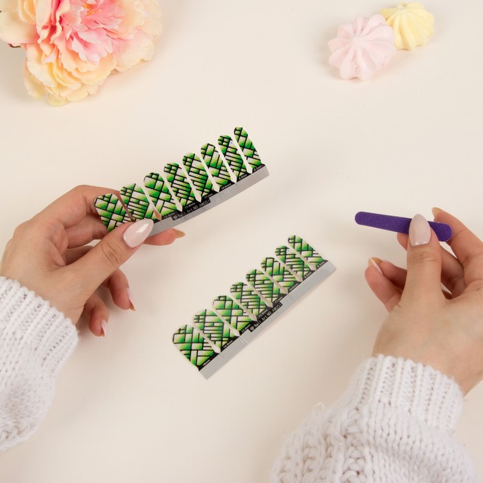 Наклейки для ногтей "Прямоугольник", с пилкой, с блёстками, цвет зелёный