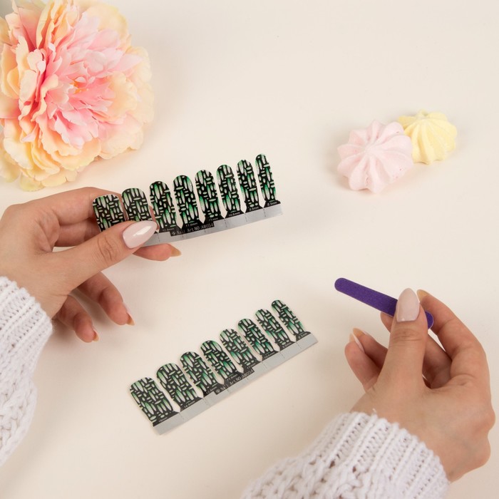 Наклейки для ногтей "Узор", с пилкой, с блёстками, цвет зелёный