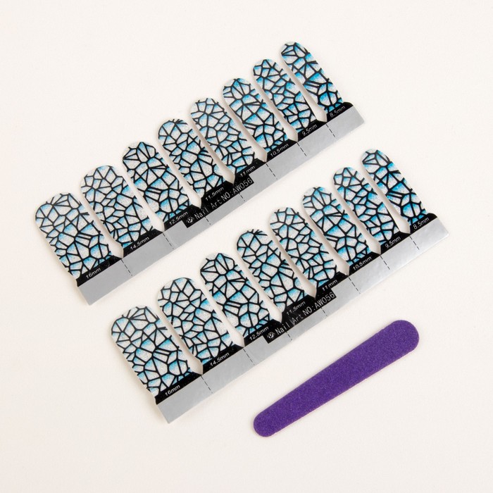 Наклейки для ногтей "Треугольники", с пилкой, с блёстками, цвет голубой