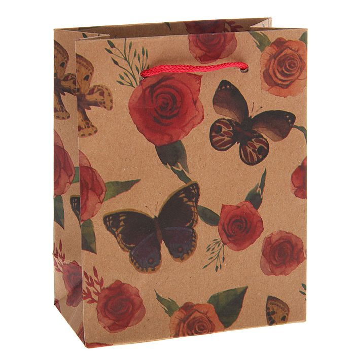 Пакет крафт "Бабочки на розах", 11 х 6 х 14 см