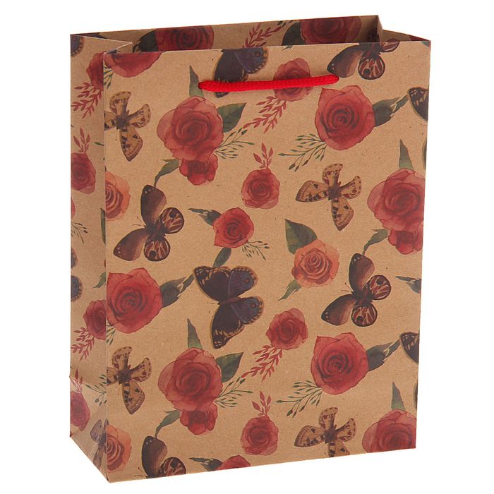 Пакет крафт "Бабочки на розах", 31 х 10 х 42 см