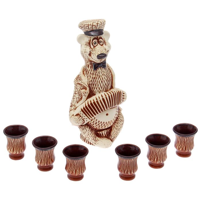 Штоф с рюмками "Шахматы" коричневый шамот, 7 предметов, 1,3 л/ 0,05 л