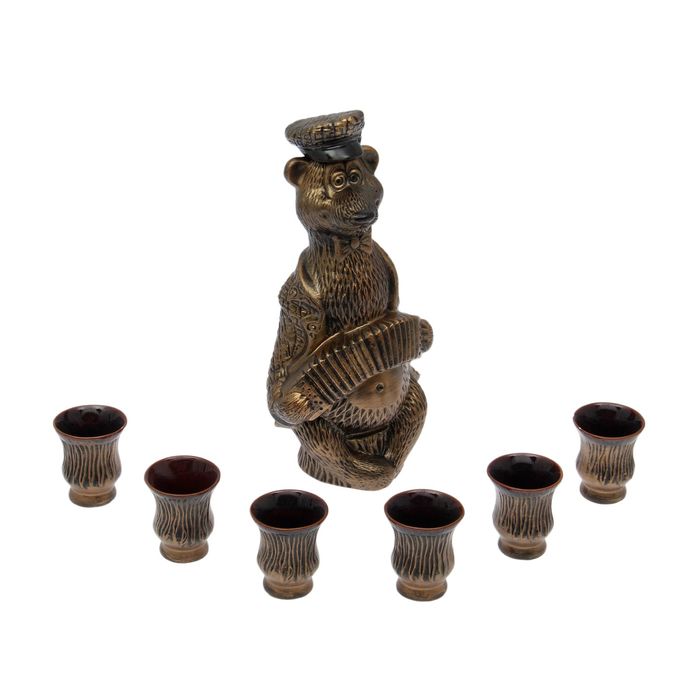 Штоф с рюмками "Шахматы" бронза, 7 предметов, 1,3 л/ 0,05 л