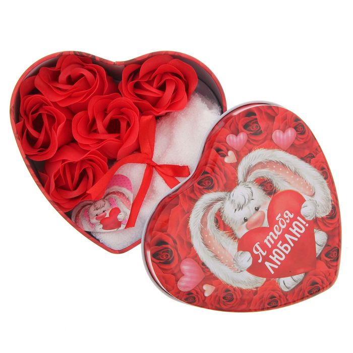 Набор мыльных лепестков в шкатулке-сердце "Я тебя люблю", 5 бутонов и полотенце (20х20)