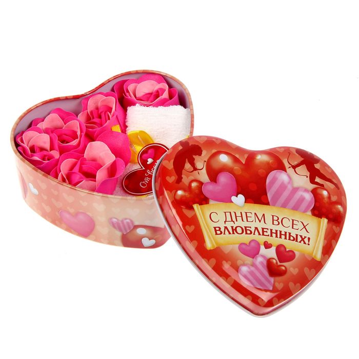 Набор мыльных лепестков в шкатулке-сердце "С днем всех влюбленных!", 5 бутонов и полотенце (20х20)