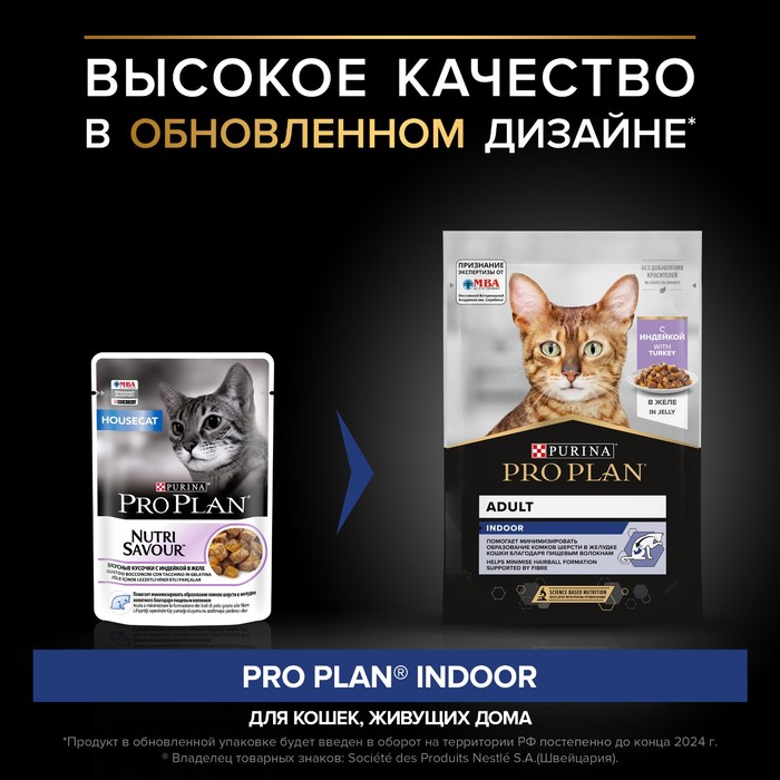 

Влажный корм PRO PLAN для домашних кошек, индейка в желе, пауч, 85 г