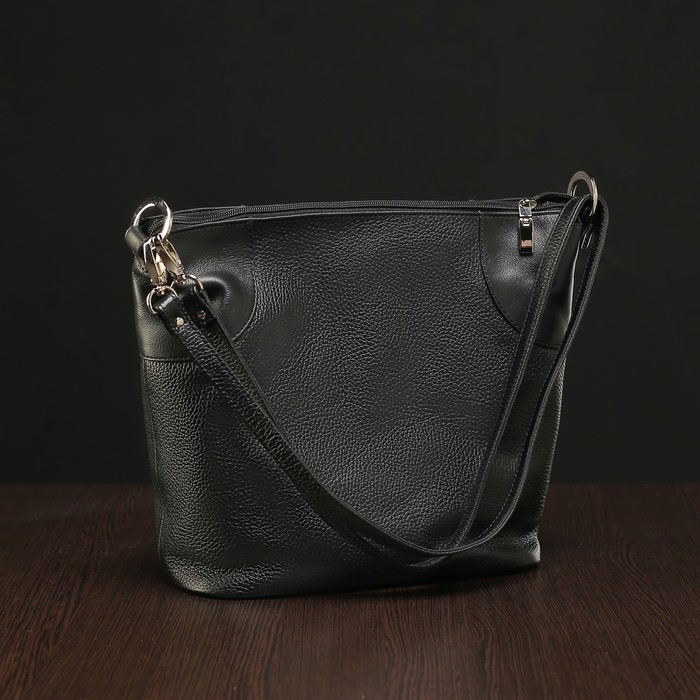 Сумка женская на молнии, 1 отдел, наружный карман, длинный ремень, цвет чёрный