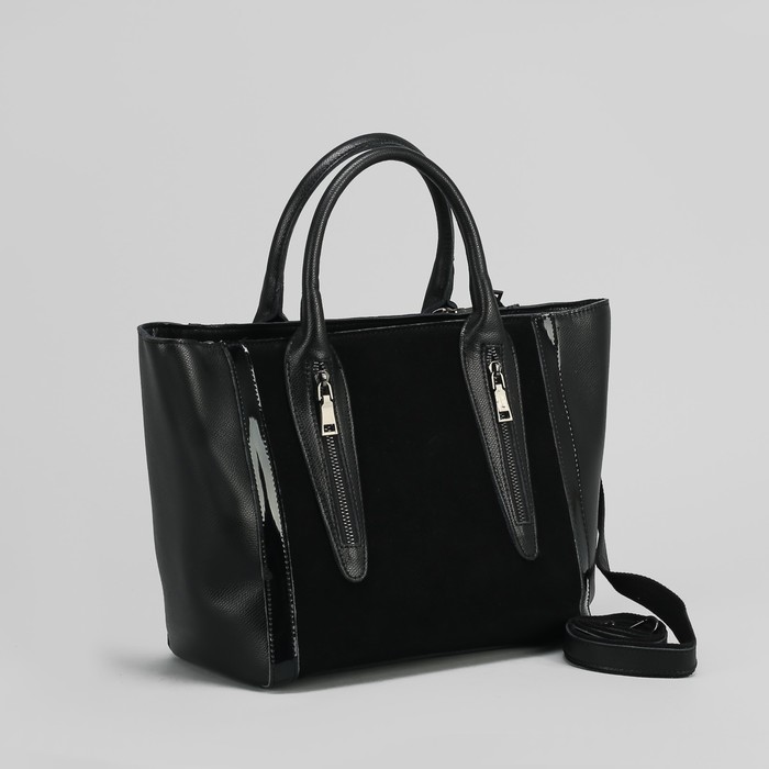 Сумка женская на молнии, 1 отдел с перегородкой, наружный карман, длинный ремень, цвет чёрный